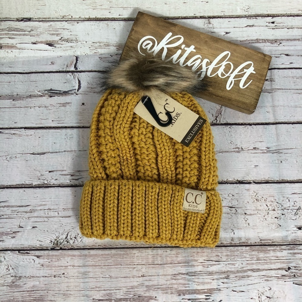 Kids CC Beanie Lined‎ Hat Cable Knit with Pom